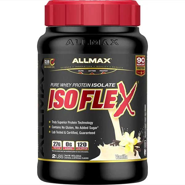 ALLMAX ISOFLEX Vanilla Whey Protein Isolate with 27g of protein for muscle recovery.
