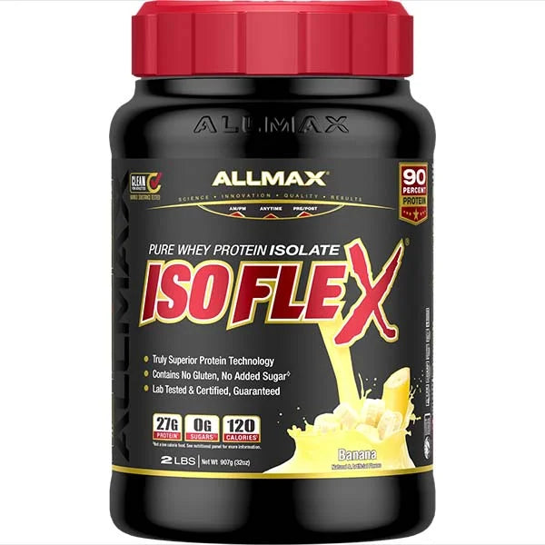 Isoflex Pure Whey Protein Isolate in Banana flavor delivers 27g of fast-absorbing protein for muscle building.