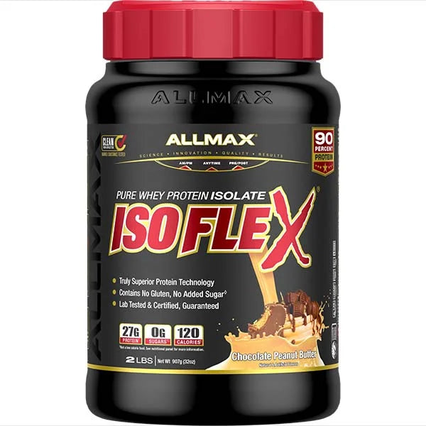 ALLMAX ISOFLEX Chocolate Peanut Butter Whey Protein Isolate 2lb tub featuring 27g of protein for muscle recovery.