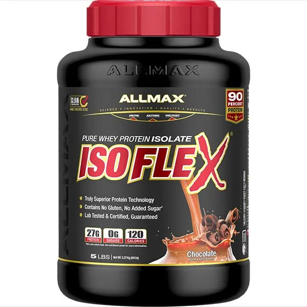 ALLMAX ISOFLEX Chocolate Whey Protein Isolate provides 27g of high-quality protein for muscle recovery.