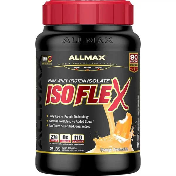 ALLMAX Isoflex Pure Whey Protein Isolate in Orange Dreamsicle flavour provides 27g of high-quality protein.
