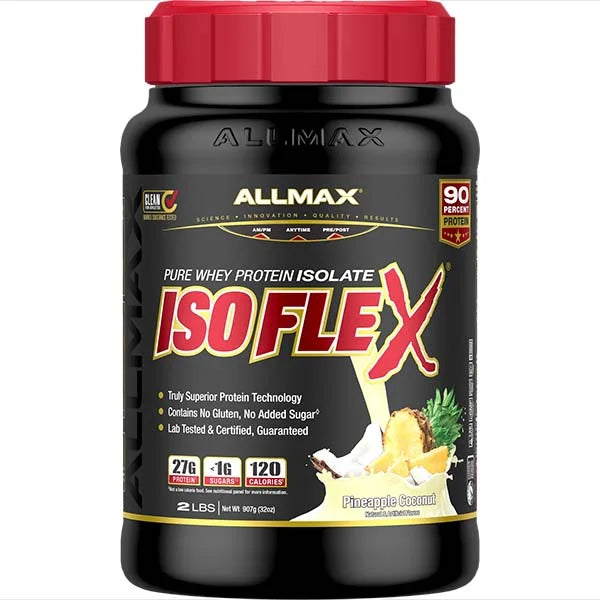 Allmax Isoflex Pure Whey Protein Isolate in Pineapple Coconut flavor provides 27g of protein for muscle growth.