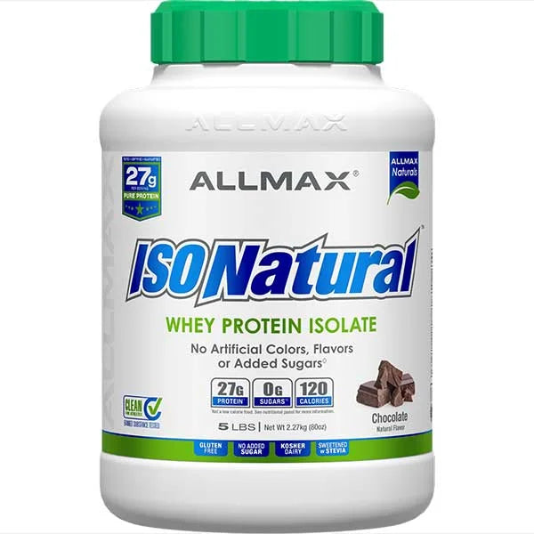 ALLMAX ISONatural Chocolate Whey Protein Isolate with 27g of pure protein for clean athletic recovery.