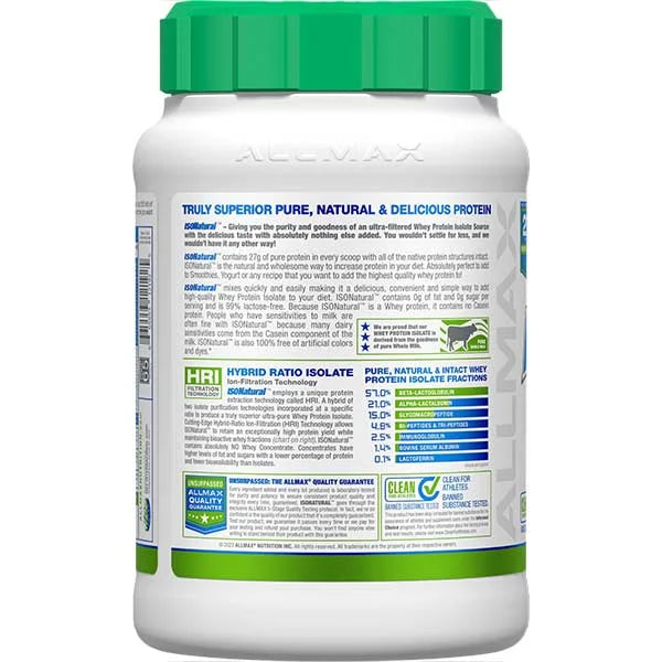 IsoNatural Protein powder container with green lid and label on a white background
