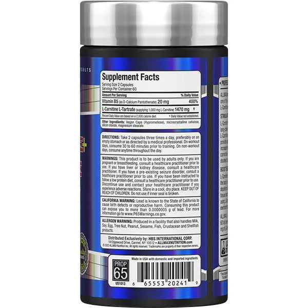 Allmax L-Carnitine L-Tartrate 120 capsules right side view showing supplement facts for weight management.
