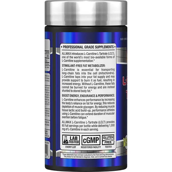 Allmax L-Carnitine L-Tartrate capsules left view displaying stimulant-free fat metabolizer energy benefits.
