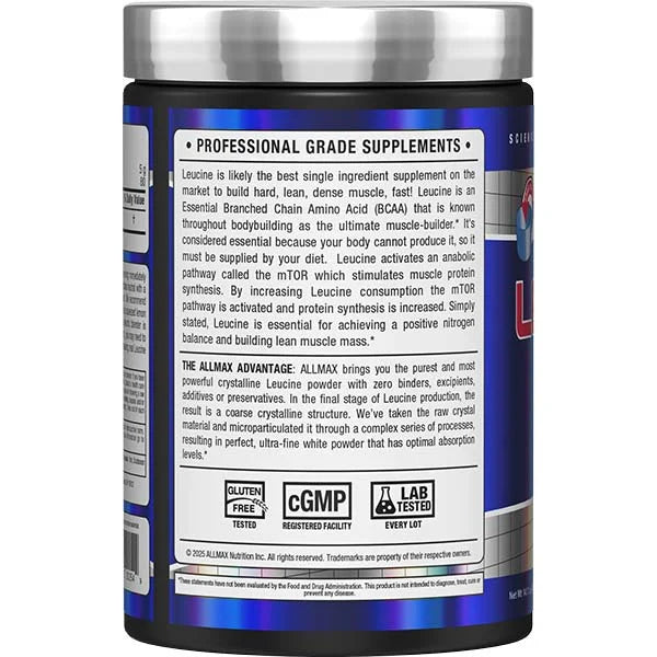 Allmax Leucine 400g left side view showing pure crystalline powder for optimal muscle protein synthesis.