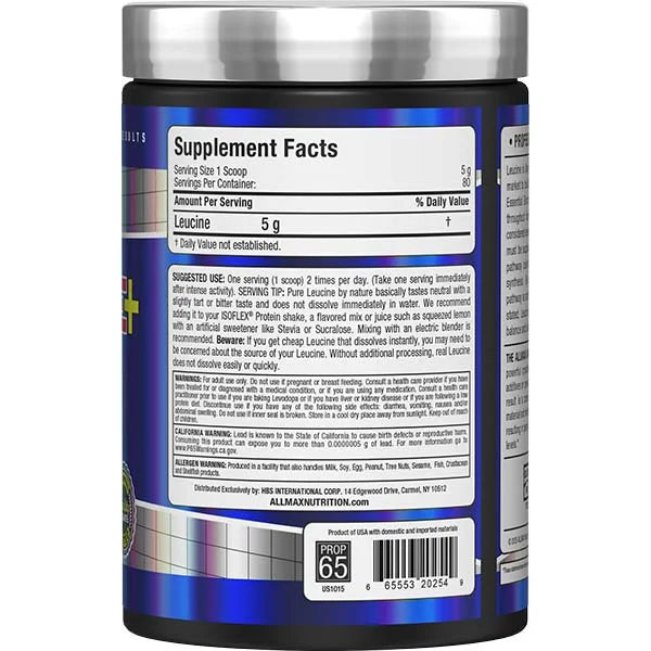 Allmax Leucine 400g powder right view displaying supplement facts for enhanced muscle protein synthesis and recovery.