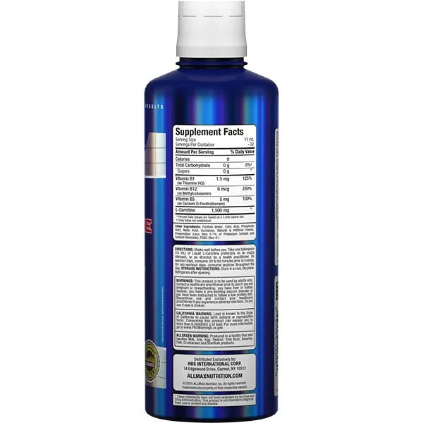 Allmax Liquid L-Carnitine 1500 Blue Raspberry left view highlighting fat metabolism and energy support.