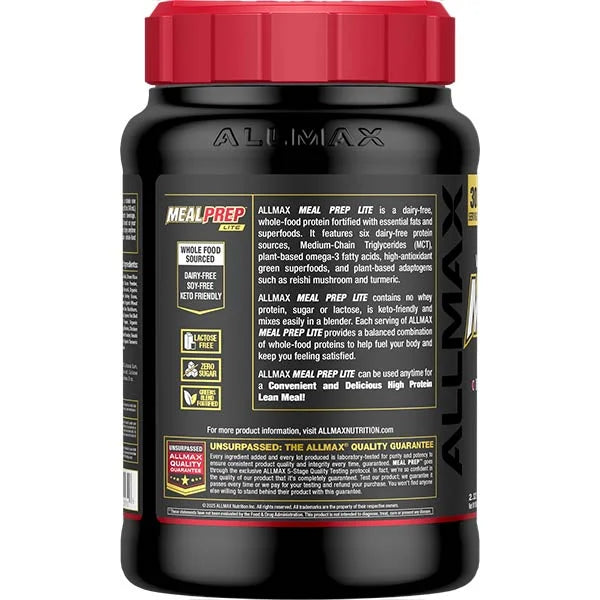 ALLMAX Meal Prep Lite Double Chocolate Fudge left side view showing dairy-free whole-food protein for clean energy.