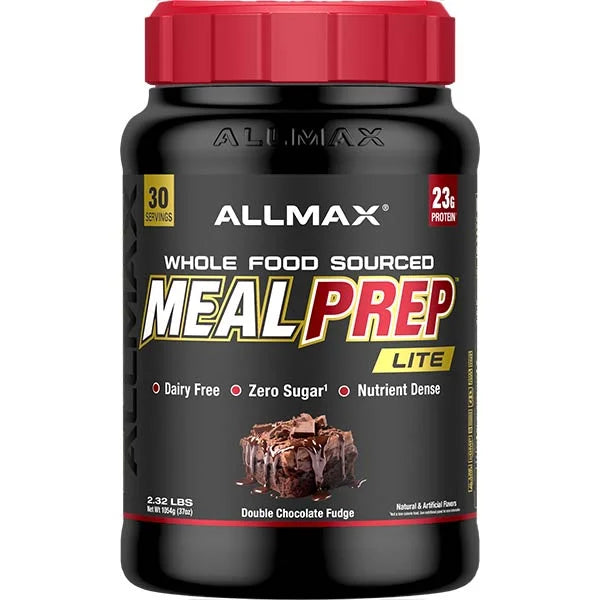 Allmax MealPrep Lite Double Chocolate Fudge protein powder with 23g protein and zero sugar for dairy-free nutrition.