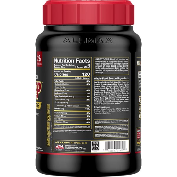 ALLMAX MP Lite Vanilla 30 servings right side view showing nutrition facts for a clean whole food meal.