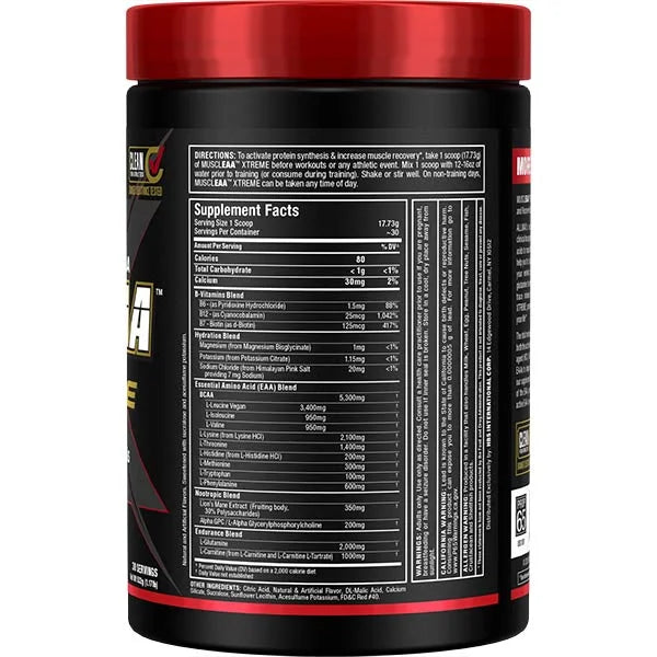 Allmax MuscleAA Xtreme Cherry 30 servings right view showing supplement facts for optimized muscle recovery.