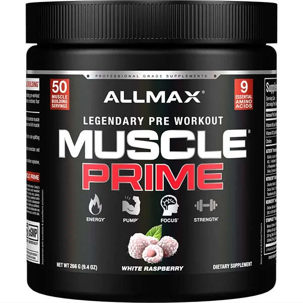 ALLMAX MusclePrime pre-workout supplement in White Raspberry flavor for enhanced energy and muscle pump.