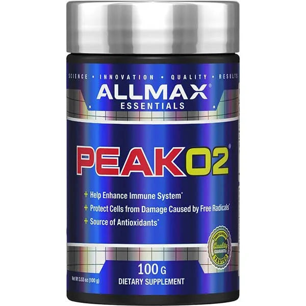 ALLMAX Essentials PeakO2 supplement jar for immune system and antioxidant support.