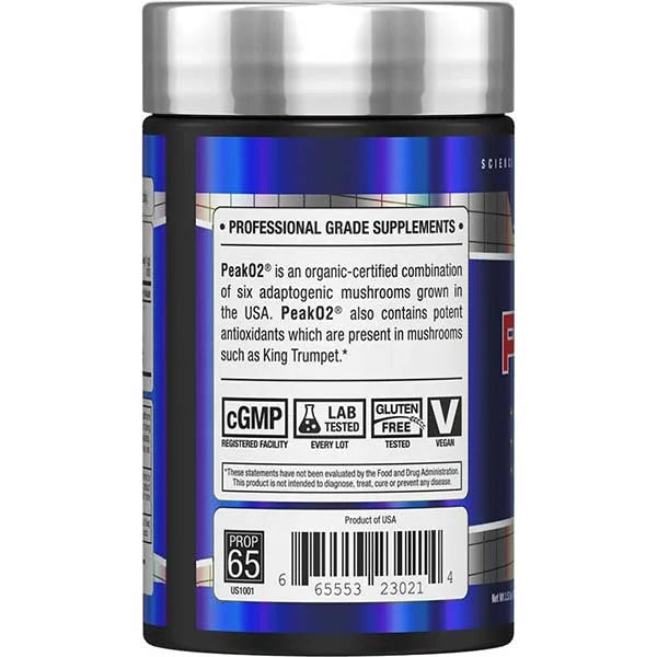 Allmax PeakO2 mushroom blend left view showing organic adaptogen ingredients for improved athletic endurance.