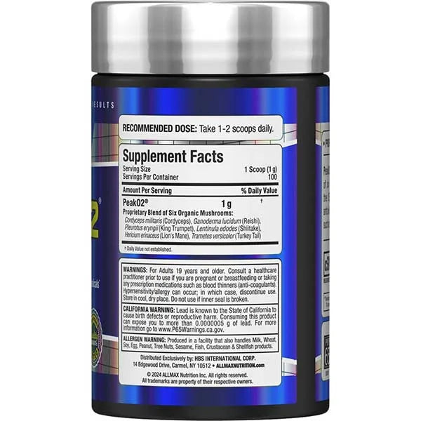 Allmax PeakO2 organic mushroom supplement right side view showing supplement facts for peak performance.
