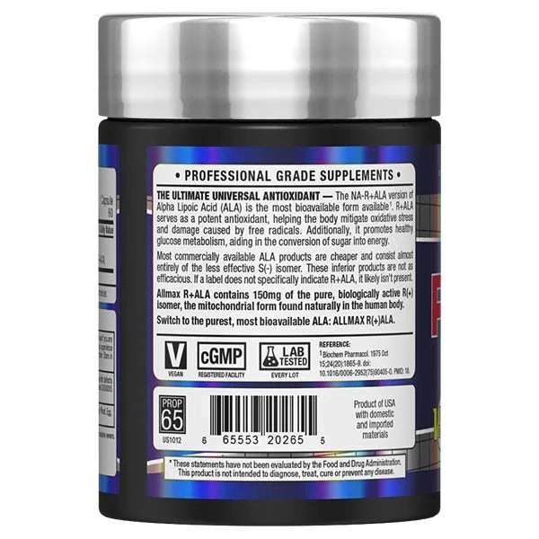 Allmax Nutrition R+ALA antioxidant supplement in a left view highlighting its pure R(+) isomer content.