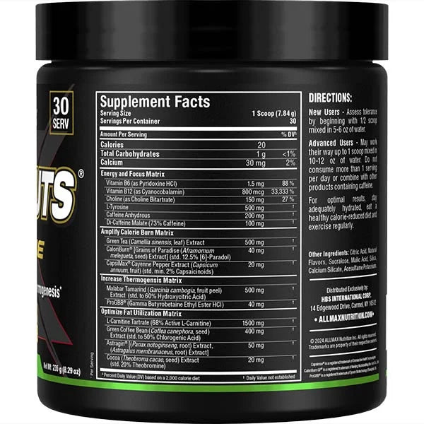Allmax Rapidcuts Xtreme right view showcasing Supplement Facts for advanced metabolic fat burning support.