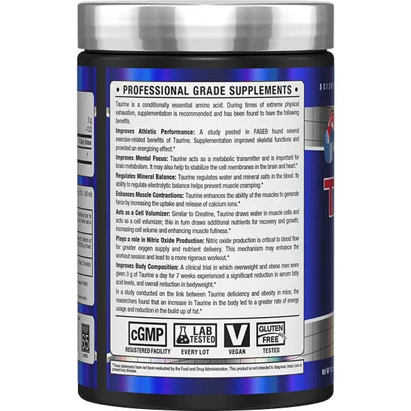 Left view of ALLMAX Taurine 400g container showing amino acid benefits for improved athletic performance.