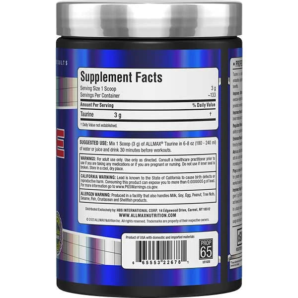 Allmax Nutrition Taurine 400g right view showing supplement facts for high-intensity workout performance support.