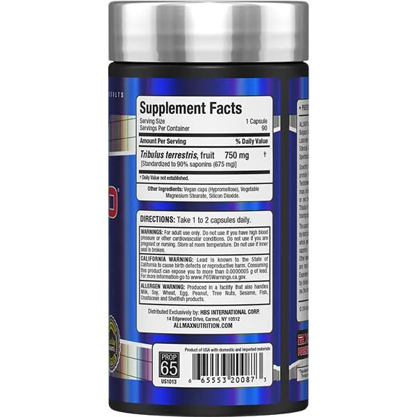 TRIBX90 Tribulus Terrestris 750mg right side view highlighting supplement facts for natural support.