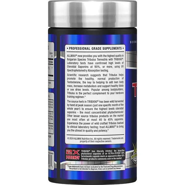TRIBX90 Bulgarian Species Tribulus Terrestris left view showing 90% steroidal saponins for testosterone support.
