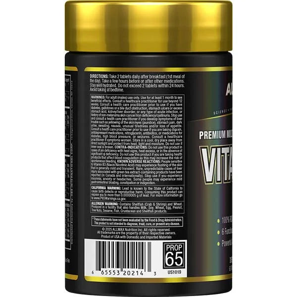 Allmax Vitaform Men multivitamin left side view showing clear dosage directions for daily nutritional support.