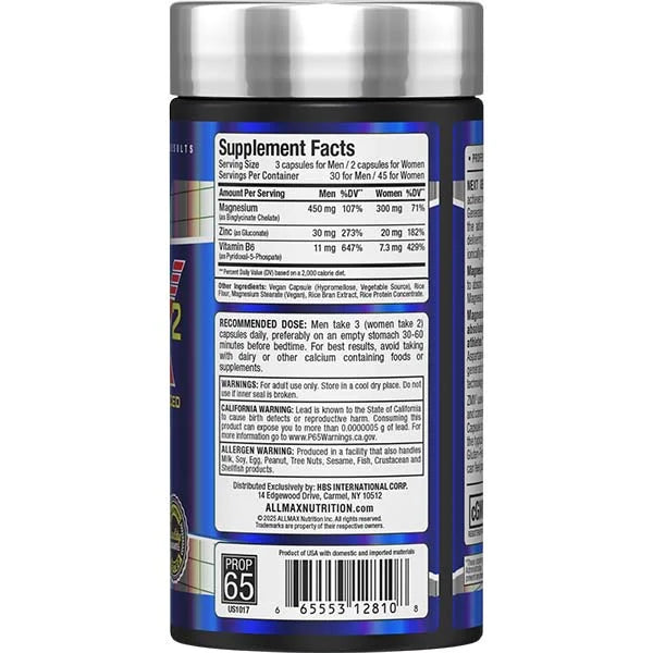 Allmax ZMX2 Advanced 90 capsules right view showcasing supplement facts for enhanced absorption and muscle recovery.