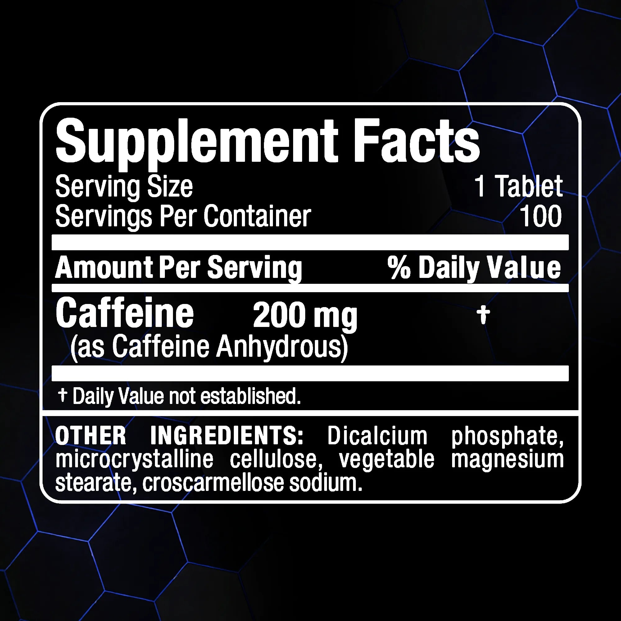 A black supplement facts label with white text showing caffeine content and other ingredients, set against a dark background with subtle blue hexagonal patterns.