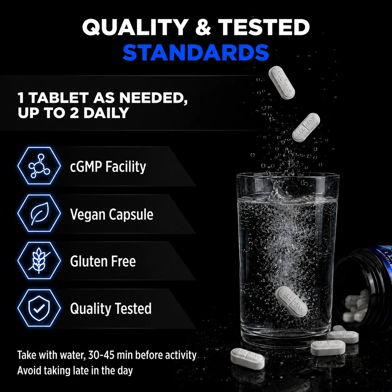 White oval supplement tablets floating into a clear glass of water on a black background, with text highlighting quality, tested standards, cGMP facility, vegan capsule, gluten free, and quality tested.