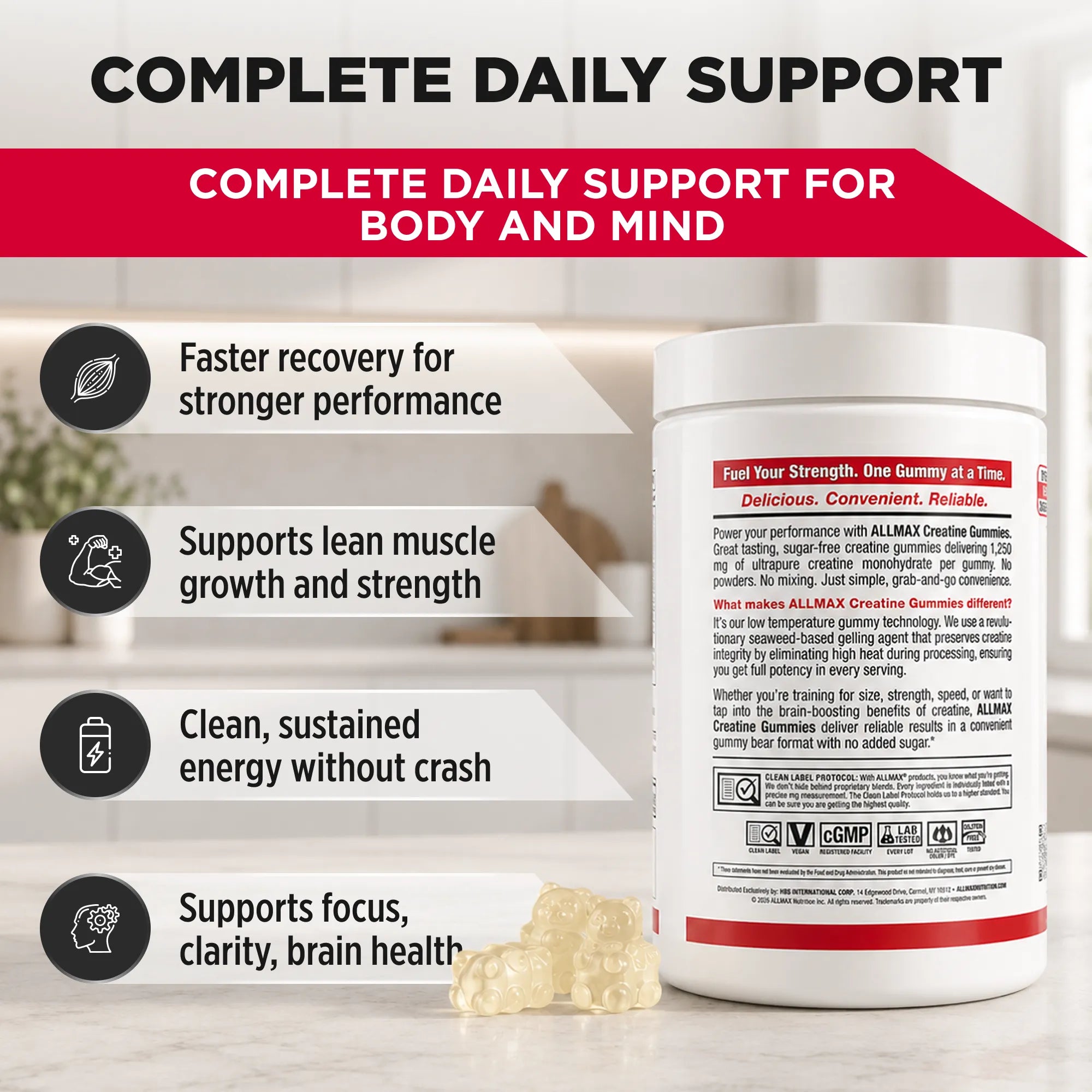 A white supplement bottle labeled Allmax Creatine Gummies shown on a light marble surface with a few translucent gummies in front. The image includes marketing text and icons promoting faster recovery, lean muscle growth, sustained energy, and focus/clarity.
