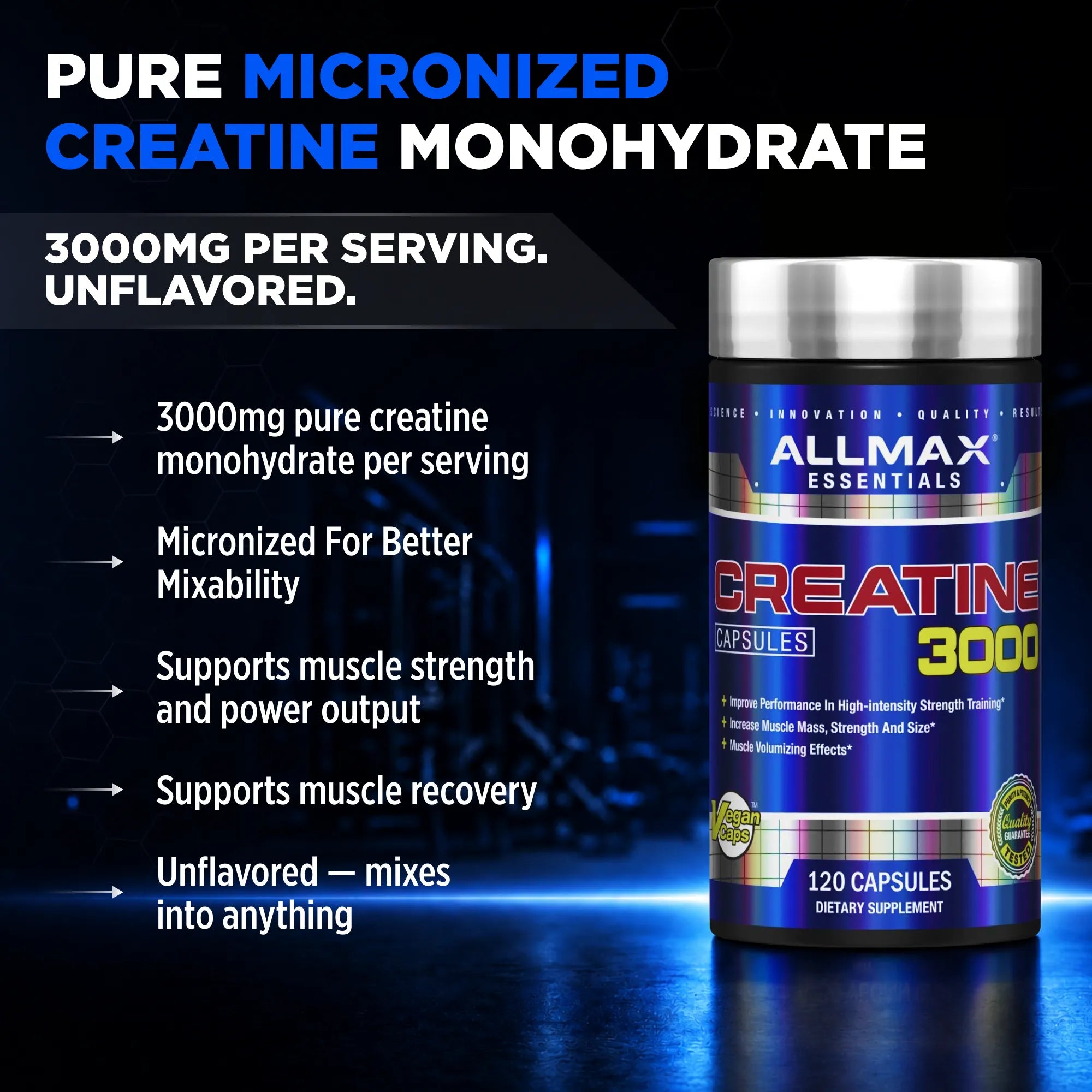 A bottle of AllMax Essentials Creatine 3000 dietary supplement shown on a dark blue promotional background with text callouts.