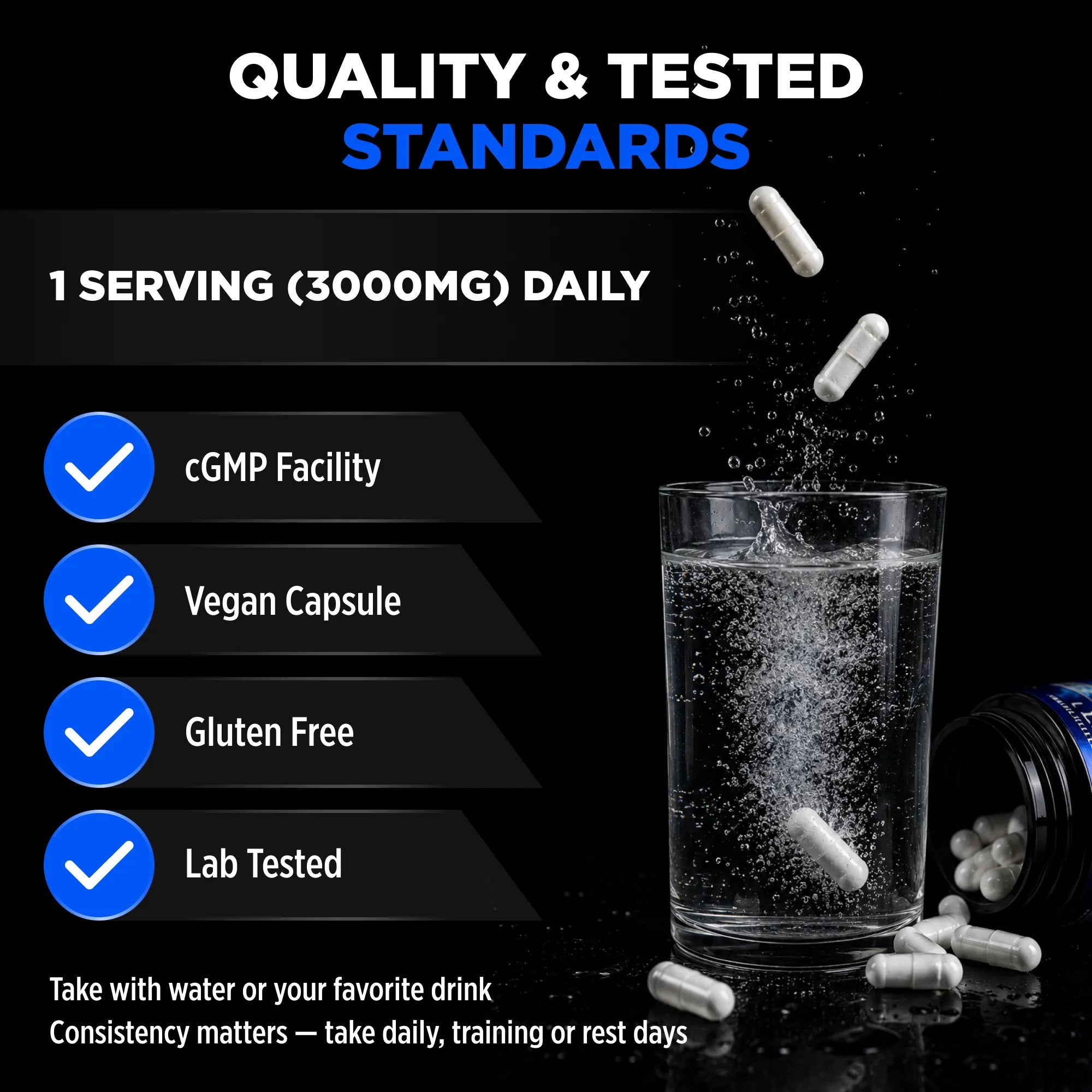 Promotional graphic for Benefit of Allmax Essentials Creatine 3000 supplement capsules on a black background. Text reads 'QUALITY & TESTED STANDARDS' and '1 SERVING (3000MG) DAILY,' with bullet points listing cGMP Facility, Vegan Capsule, Gluten Free, and Lab Tested.