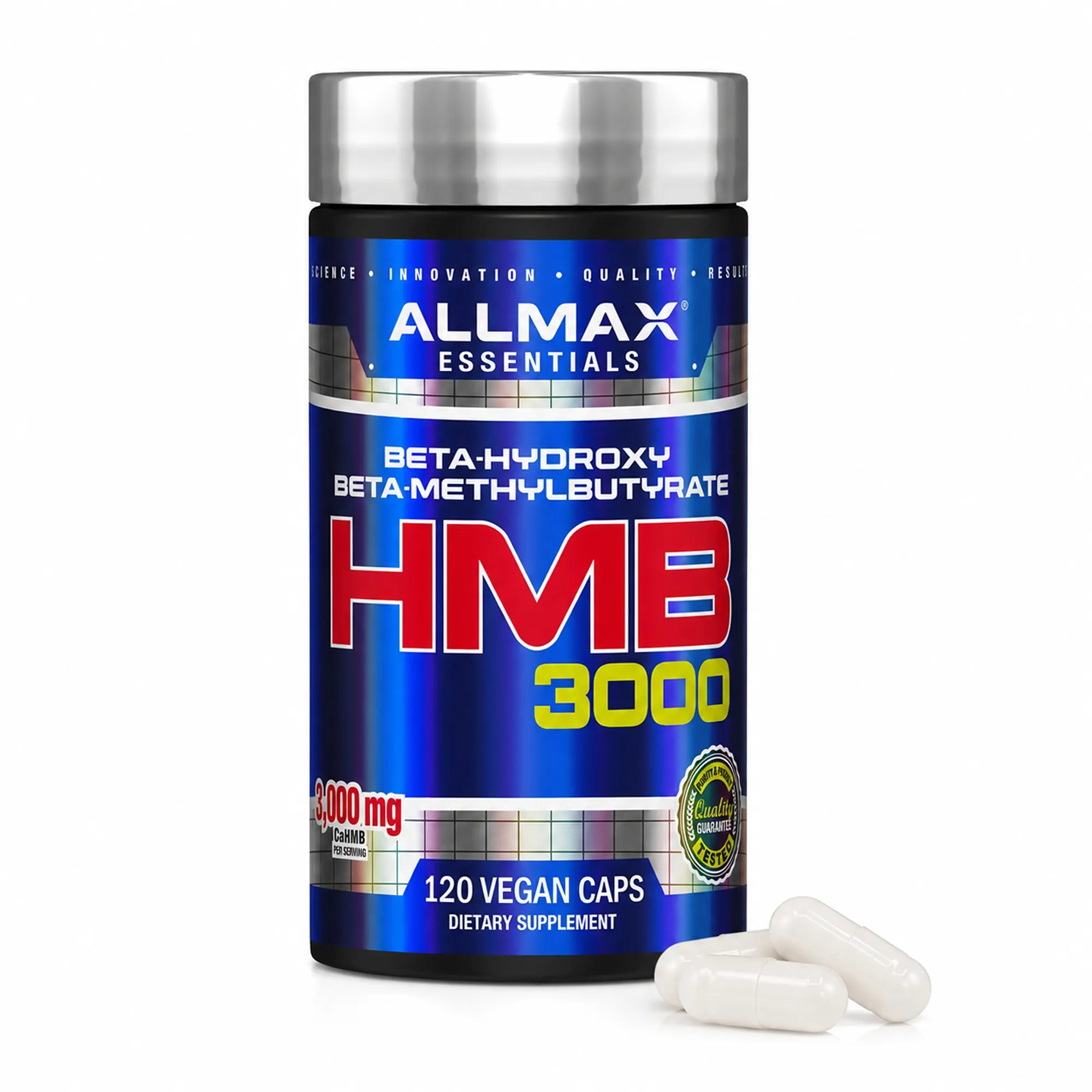 A bottle of Allmax Essentials HMB 3000 dietary supplement with three white capsules in front, on a white background.
