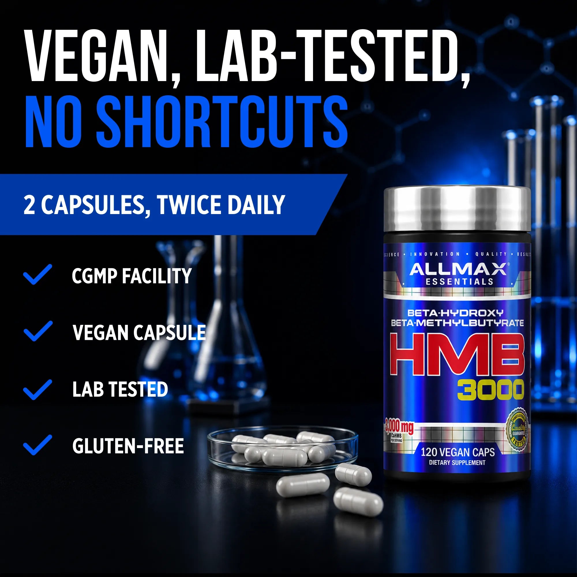A supplement bottle labeled ALLMAX ESSENTIALS HMB 3000 stands on a dark studio background with capsules and a petri dish in front. Large marketing text reads 'VEGAN, LAB-TESTED, NO SHORTCUTS' and lists benefits including CGMP facility, vegan capsule, lab tested, and gluten-free.