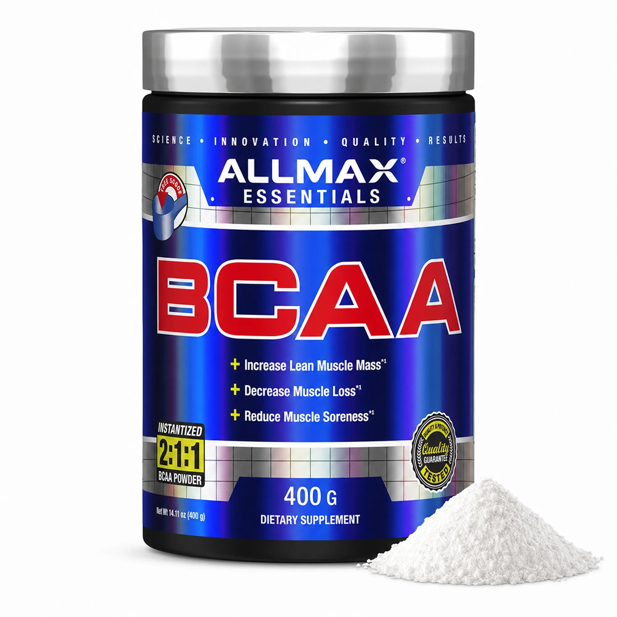 A container of Allmax Essentials BCAA dietary supplement powder with a silver lid and a small pile of white powder in front, on a white background.