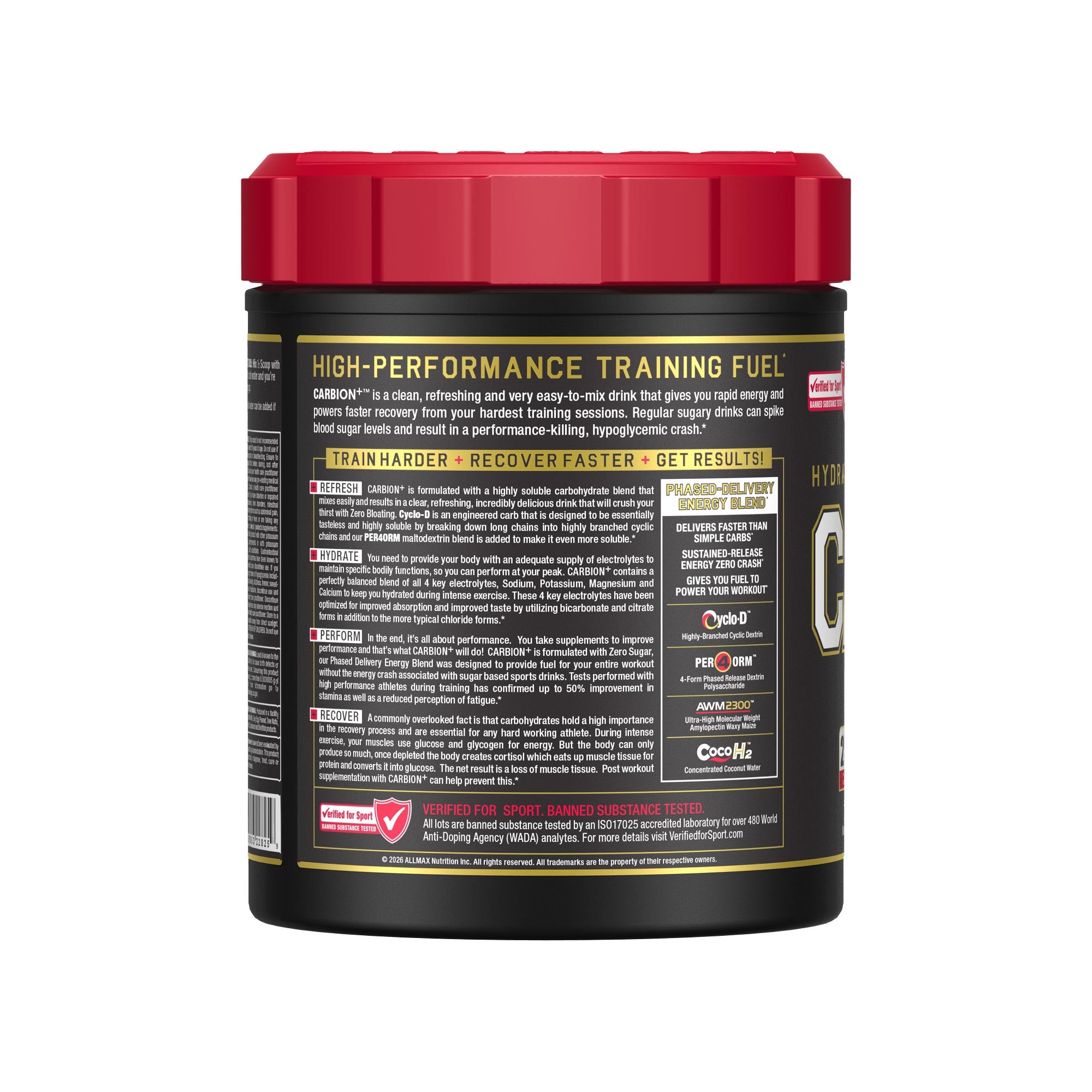 A black tub of CARBION+ High-Performance Training Fuel with a red lid, showing the back label with text and logos on a white background.