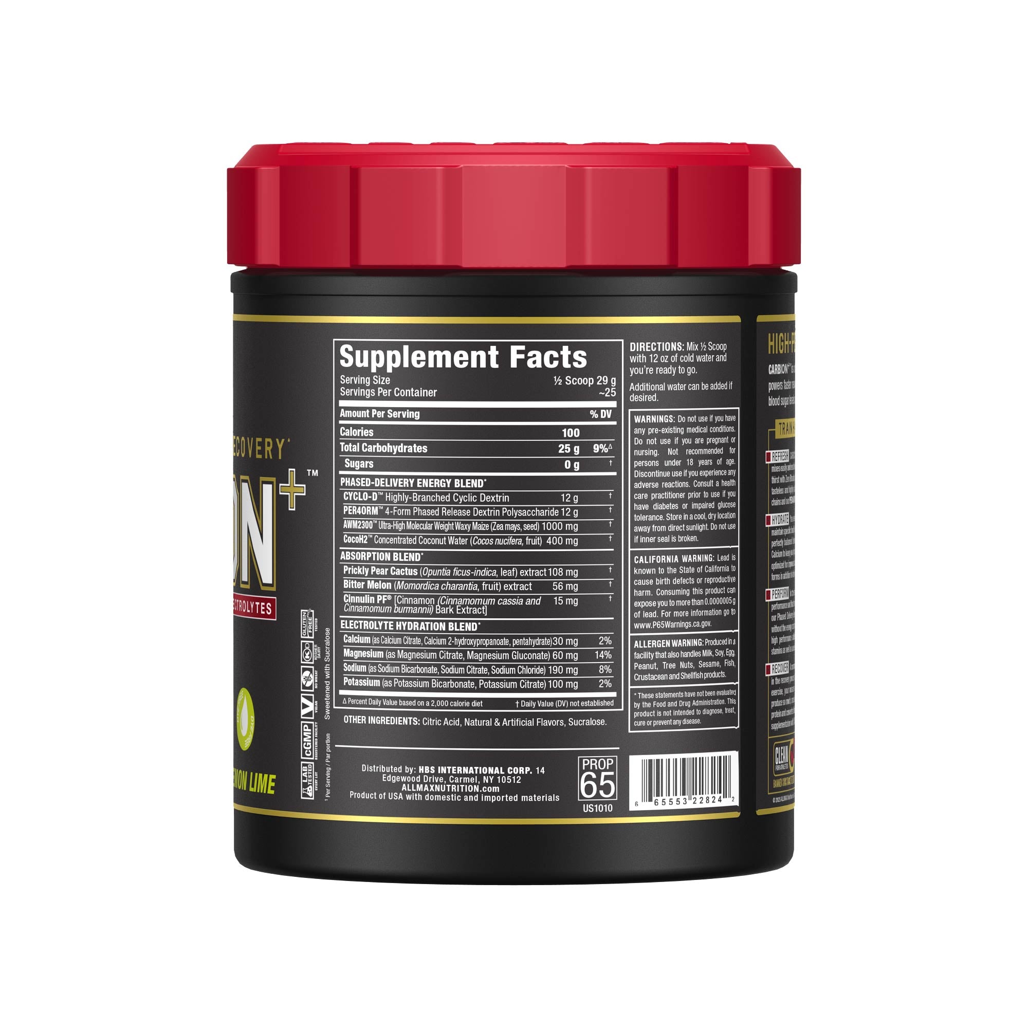 A black supplement tub with a red lid showing the Supplement Facts label on a white background.