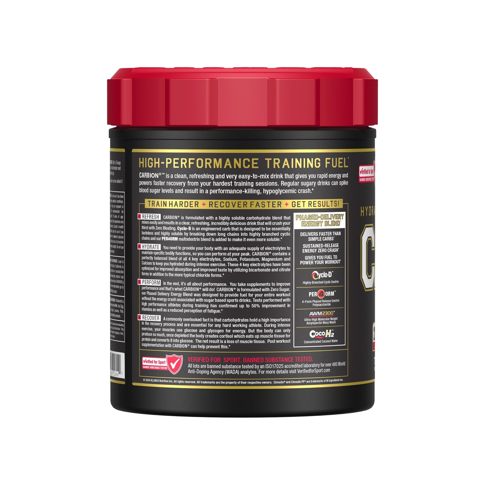 A black plastic tub of CARBION+ High-Performance Training Fuel with a red lid, showing the back label with text and logos on a white background.