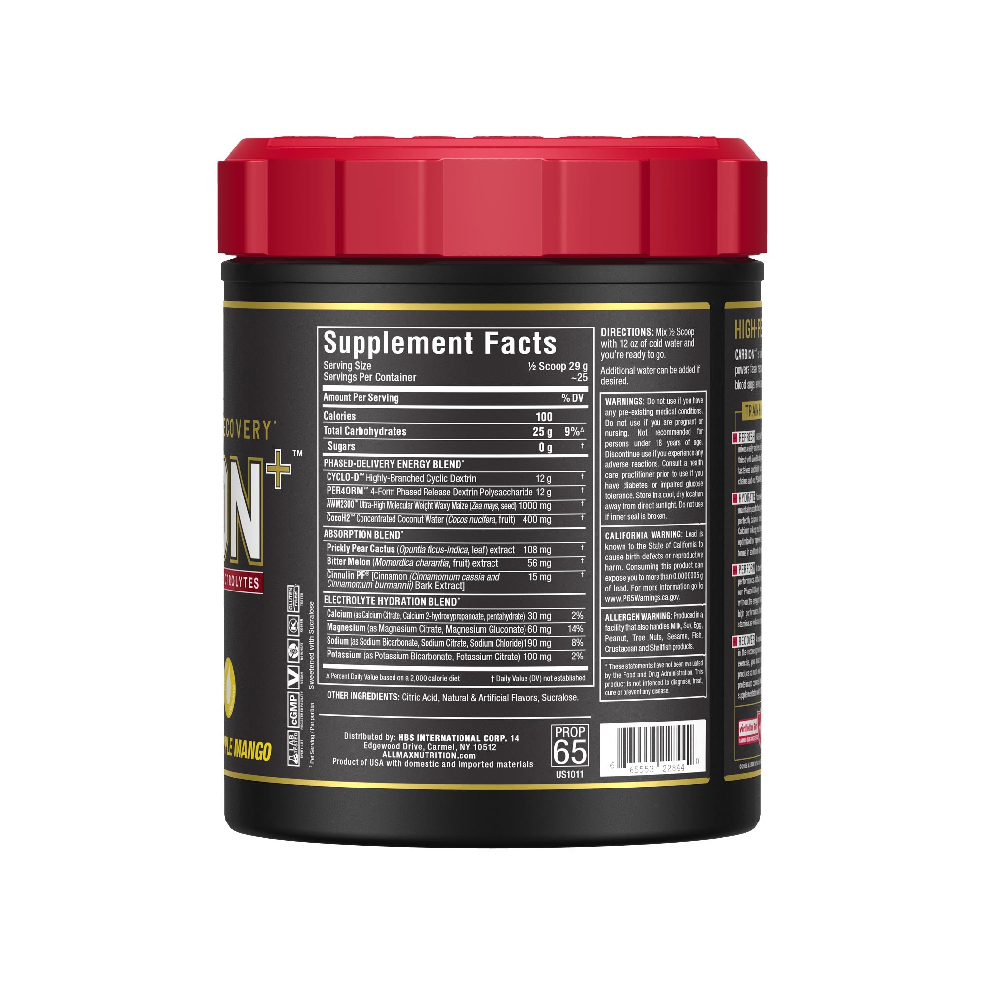 A black plastic tub of CARBION+ with a bright red screw-top lid, showing the Supplement Facts label on a plain white background.