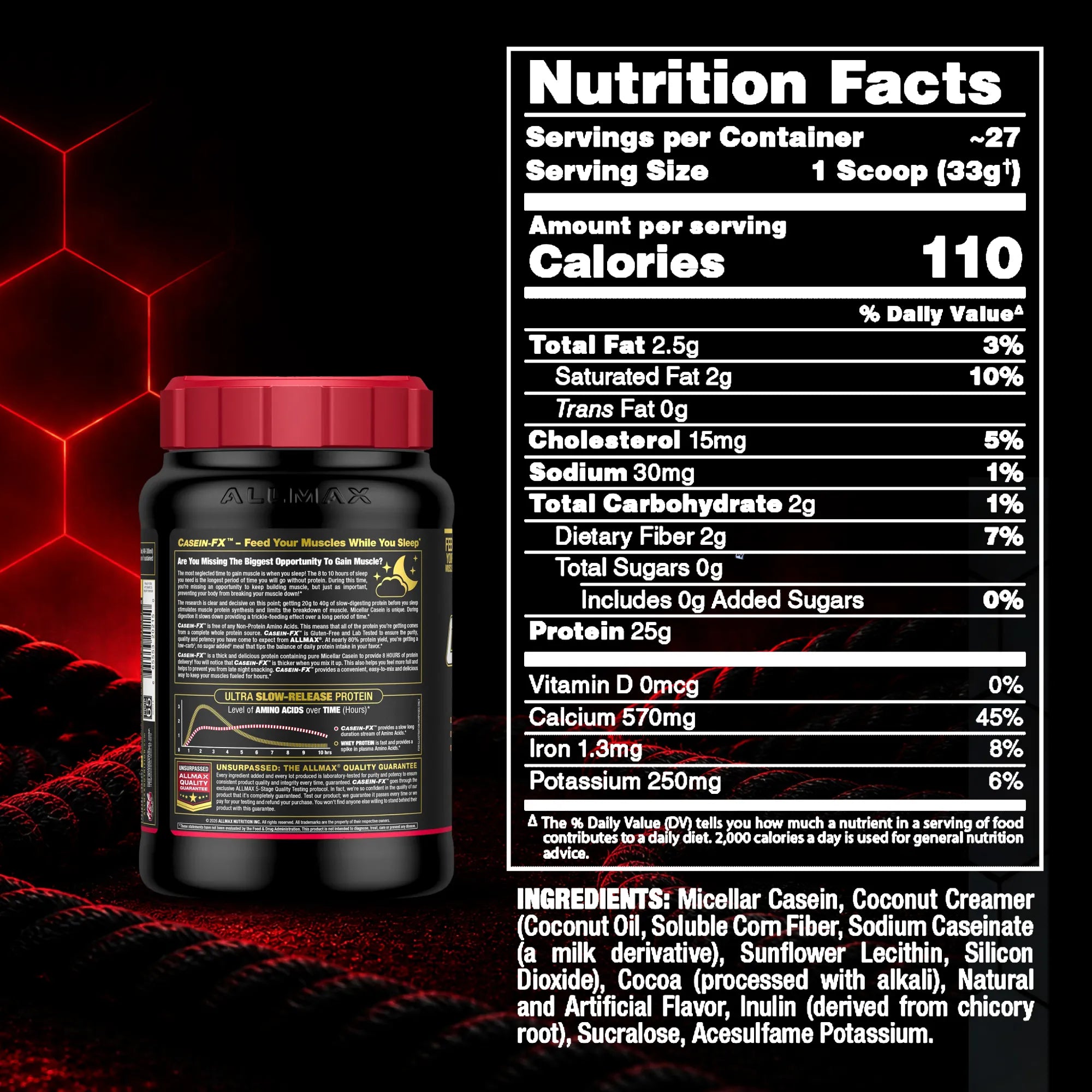 A supplement tub with a red lid and black label shown beside a large Nutrition Facts panel on a black background with red hexagon graphics. The label text is mostly legible, and the product appears to be a powder or granular supplement branded All In One.