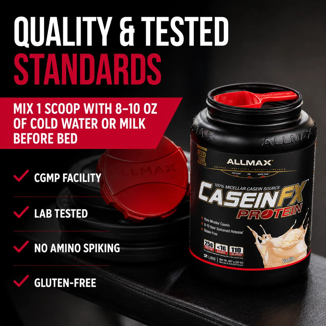A tub of Allmax CaseinFX Protein powder shown open on a dark surface with a scoop beside it. Large promotional text reads 'QUALITY & TESTED STANDARDS' and includes usage instructions and feature bullet points about CGMP facility, lab testing, no amino spiking, and gluten-free status.