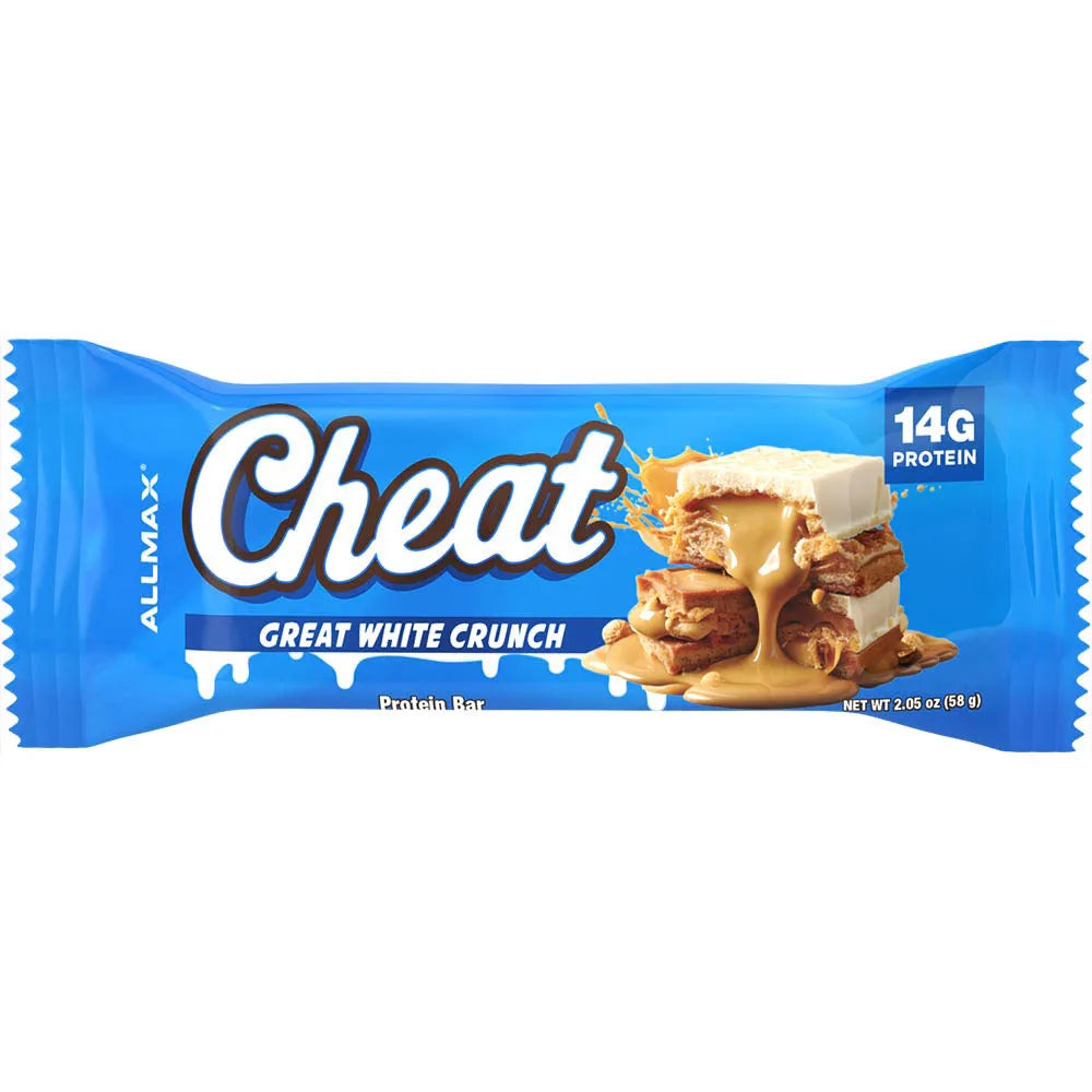Allmax Cheat Great White Crunch protein bar packaging on a white background