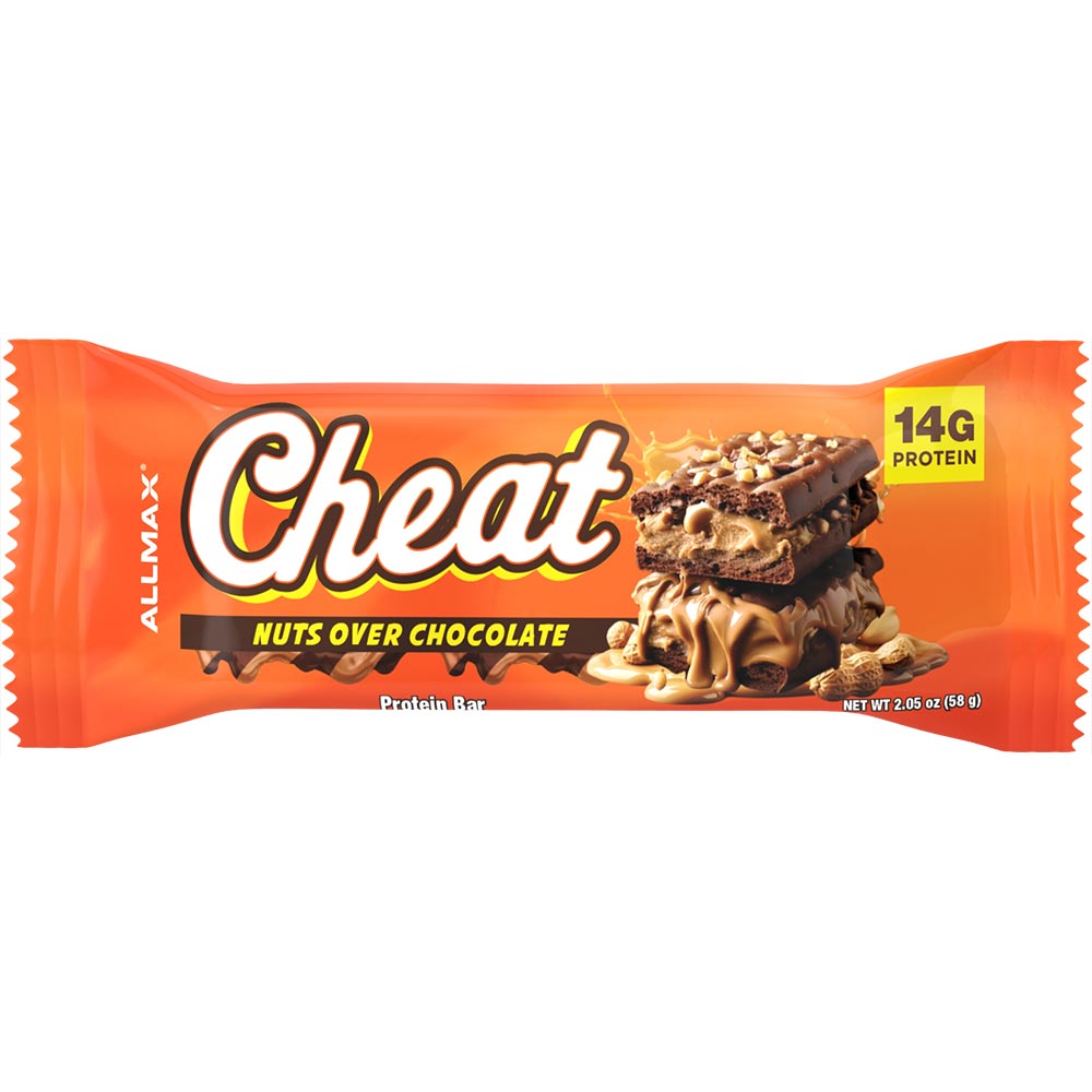 Orange package of Allmax Cheat bar Nuts Over Chocolate protein bar on a white background