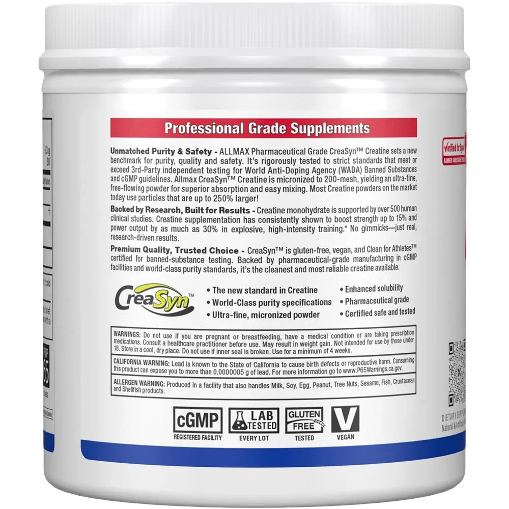 Supplement container with label detailing professional grade supplements and certification logos.