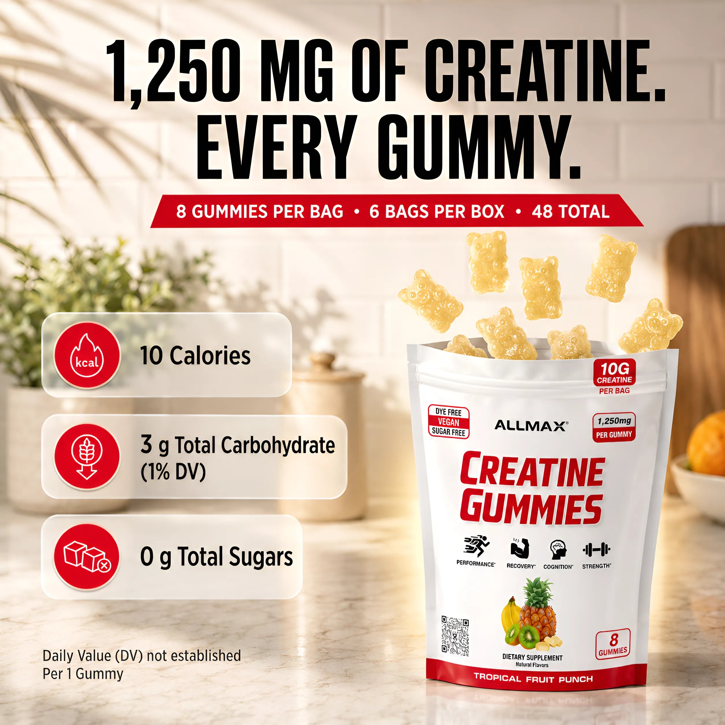 A bag of ALLMAX Creatine Gummies in Tropical Fruit Punch flavor, shown with floating gummy bears and informational callouts on a kitchen counter background. The text highlights 1,250 mg of creatine per gummy, with 8 gummies per bag and 6 bags per box.