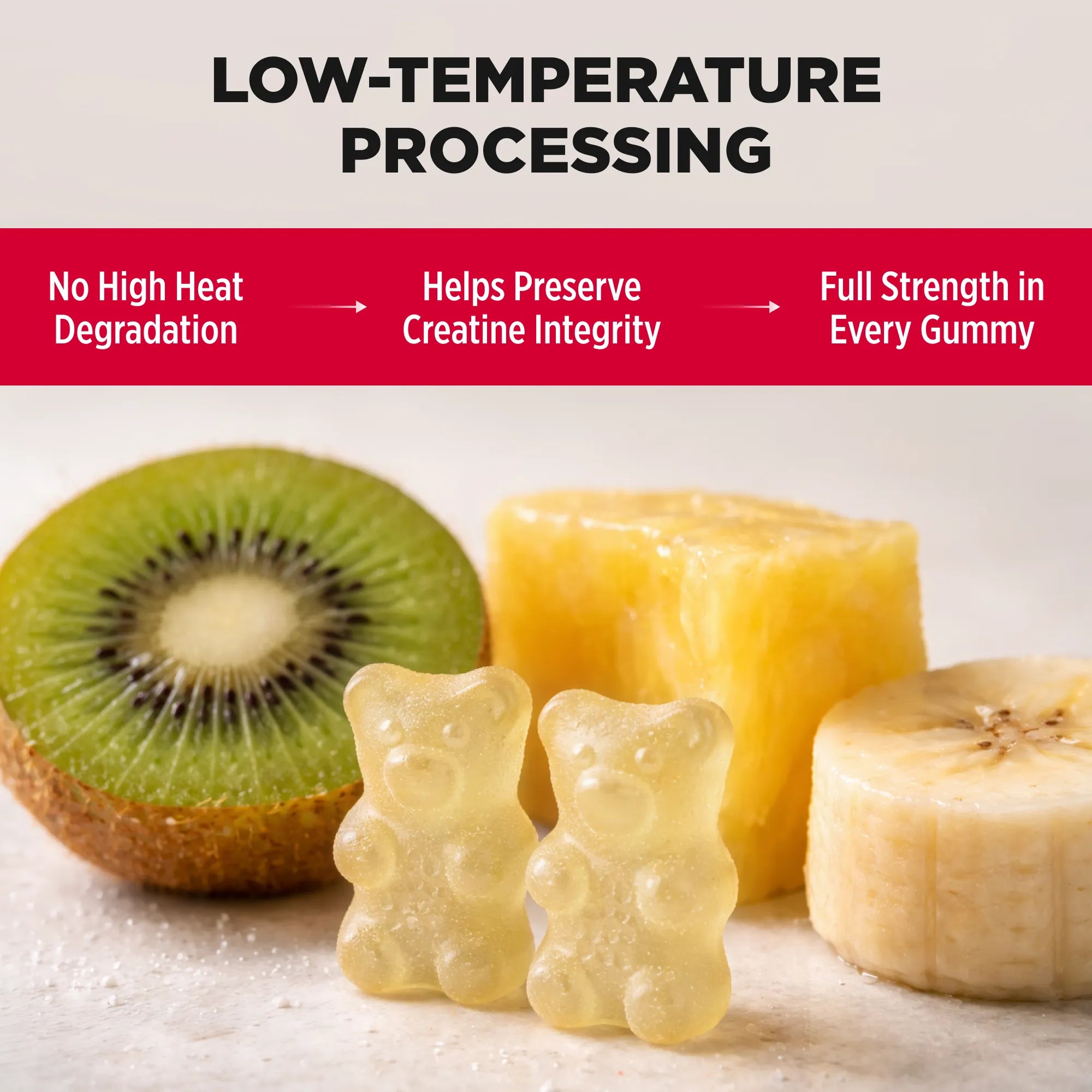 Gummy bears with a kiwi and banana on a light background, highlighting low-temperature processing benefits.