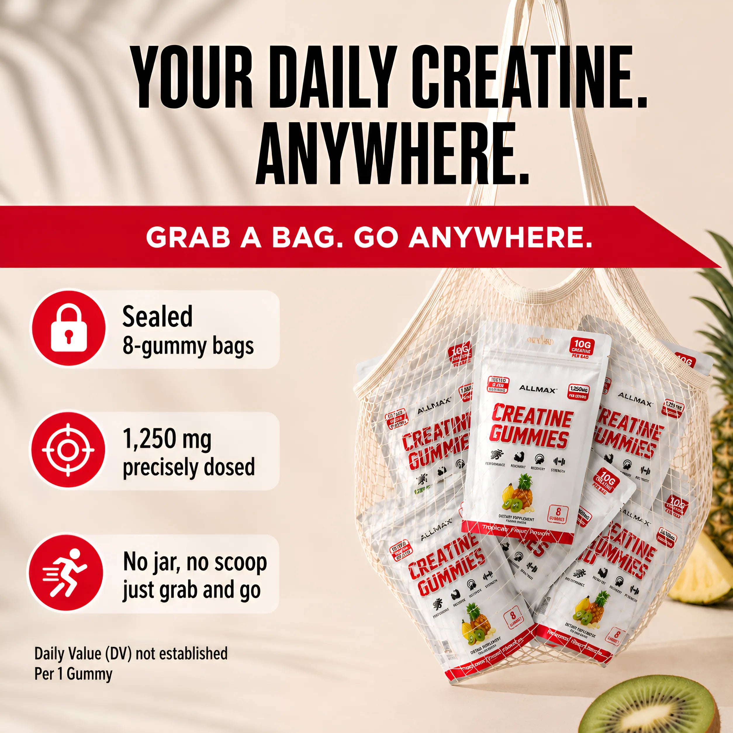 Promotional graphic for Allmax Creatine Gummies showing several white and red gummy bags hanging in a mesh bag, with text reading 'YOUR DAILY CREATINE. ANYWHERE.
