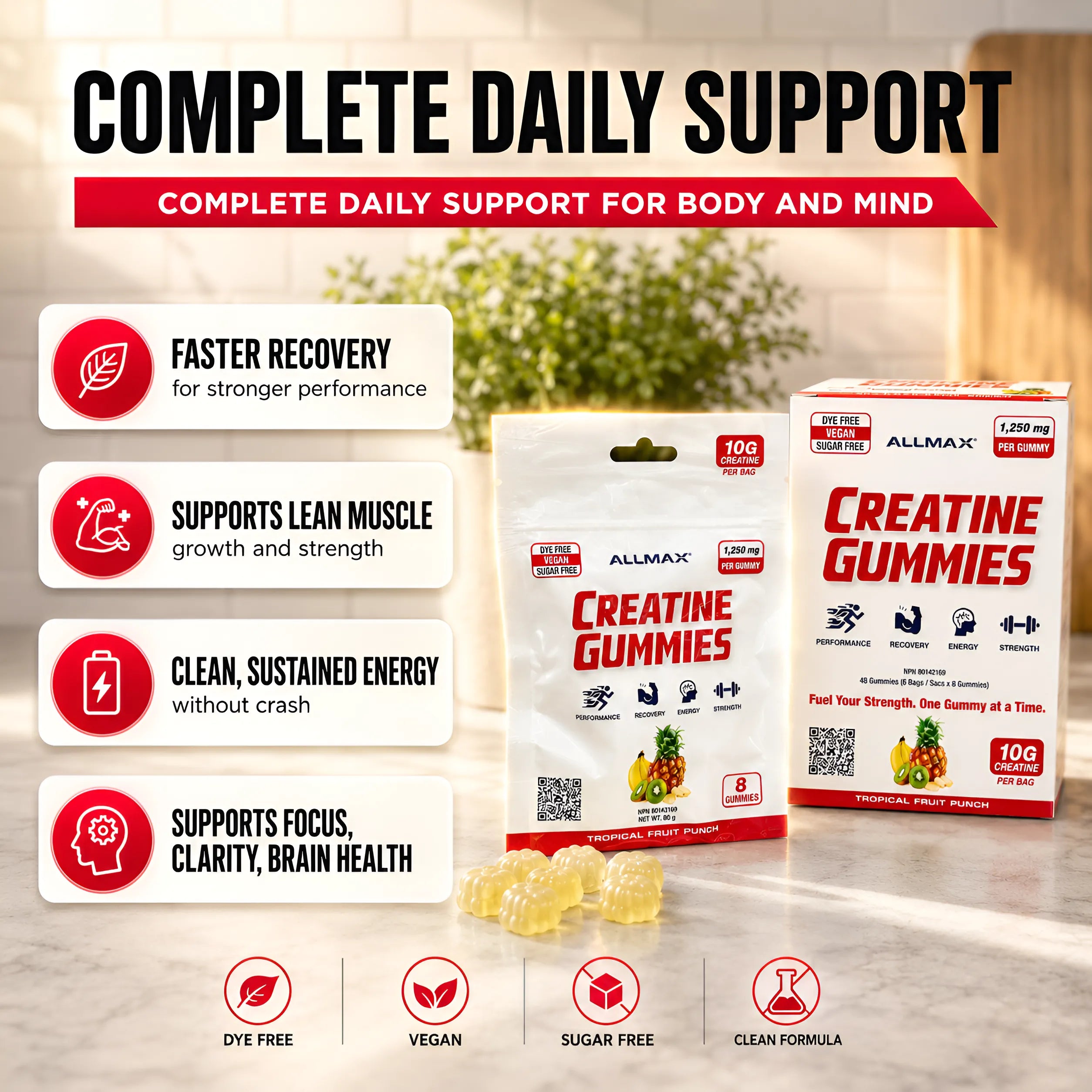 Allmax Creatine Gummies packaging shown with several loose yellow gummies on a countertop, alongside marketing callouts and icons about faster recovery, lean muscle support, sustained energy, and brain health support.